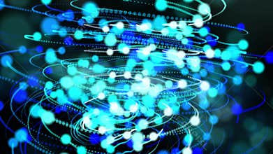 Futuristic atoms revolve around nuclei. 4K. 3D. Concept of quantum entanglement, future physics. Isolated black background.