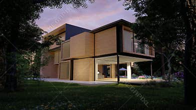 Modern large wooden mansion with roof terrace, pool and garden at night