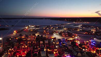 Aerial view from drone with a part of the Montreal convoy for freedom comes at overnight to Vankleek Hill