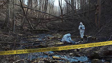 Detectives are collecting evidence in a crime scene. Forensic specialists are making expertise. Police investigation in