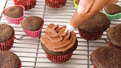Decorating chocolate cupcakes with chocolate buttercream frosting using a pastry bag