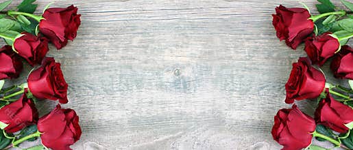 Valentine`s Day Holiday Red Roses Flower Border Over Wood Background With Copy Space