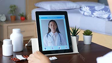 4K. deaf mute patient use video conference, make online consultation by sign language with doctor on tablet application