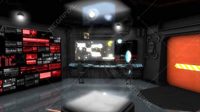 Starship command room, science fiction spaceship control room.