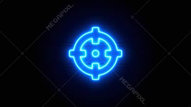 Crosshair neon sign appear in center and disappear after some time. Loop animation of blue neon symbol