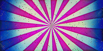 Abstract sunburst and rays comic cartoon pink white green with little glitter shapes and blue dirty borders