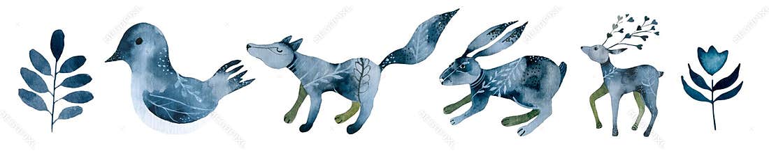 Big set of cute animal faces and christmas hand drawn lettering and clip art design elements. Woodland animals