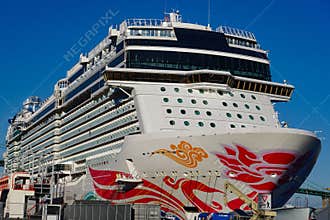 Norwegian Joy cruise ship moored at its berth in the Port of Angeles, California