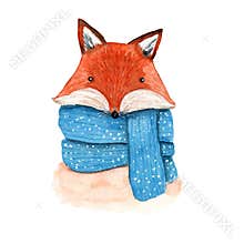 Cute Christmas vector watercolor fox