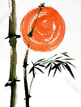 Abstract bamboo and sun ink brush painting in Chinese traditional art style