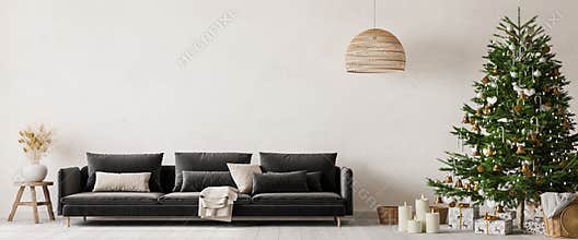 Living Room Christmas interior in Scandinavian style. Christmas tree with gift boxes