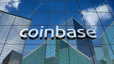 Editorial, Coinbase logo on glass building.