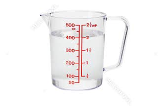 Plastic kitchen measuring cup filled with water