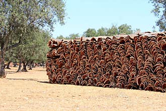 Stacked bark of the cork oak in Alentejo, Portugal