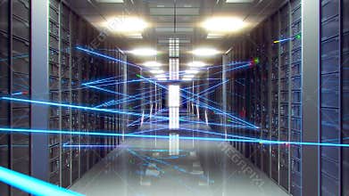 Data processing center. Digital information is transmitted over fiber optic cables over a network. Room with storage