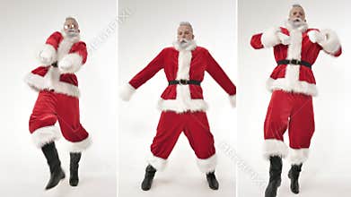 Energetic active dance of excited fun Santa Claus, congratulation happy holidays