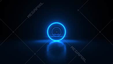 Circles neon blue light in black hall room. Abstract sci fi geometric background. Corridor. Futuristic concept. Glowing in