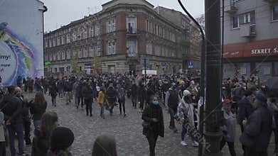 Krakow, Poland - October 25, 2020: Timelapse of Polish people on a protest march against new law on almost total ban on abortion