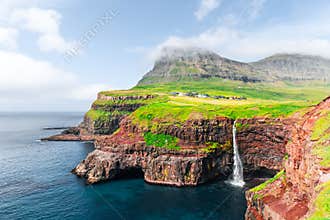 Mulafossur waterfall in Gasadalur, Vagar Island of the Faroe Islands.