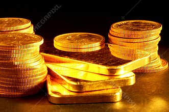 Gold bar and coins