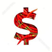Dollars currency sign of hot red chili peppers and cut paper isolated on white. Spicy veggie font typeface