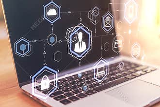 Social networking concept with digital screen with augment reality icons above laptop on table