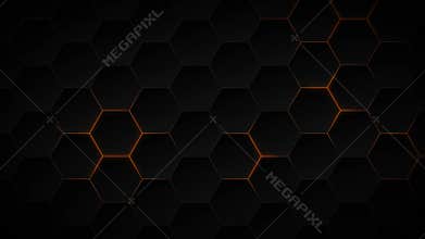 Abstract dark hexagon pattern on orange neon background technology style. Modern futuristic honeycomb concept.