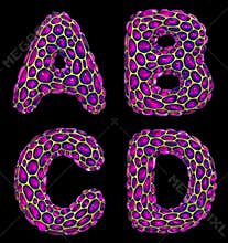 Realistic 3D letters set A, B, C, D made of gold shining metal letters.
