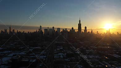 Urban Cityscape of Chicago at Winter Sunrise. Golden Hour. Aerial View. USA