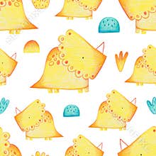 Pencil hand-drawn colored seamless repeating children pattern with cute dinosaurs and doodles in Scandinavian style on a