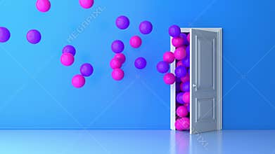 Purple pink balls fly through the open door on blue background. Balloons fly out of the open door into a large room. Light room.