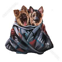 Two cute fluffy puppies wrapped in a blanket