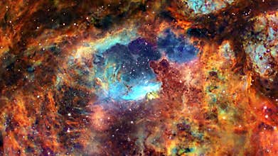 NGC6357 The Lobster Nebula. Space Flight to star field Galaxy and Nebulae