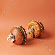 Burger on the bar. Street food and gym. Sports nutrition. Barbell with burgers