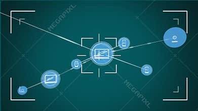 Animation of networks of connected media icons with scope and central crosshair on green