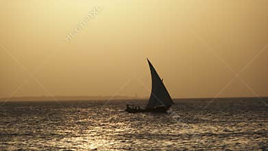 Silhouette African Wooden Dhow Boat Sailing by Ocean at Sunset, Zanzibar, Africa
