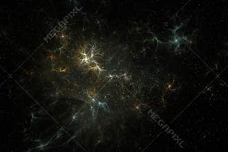 Abstract fractal wallpaper of a 3D computer generated image. Looking like a universe nebula full of stars. With a depth of field