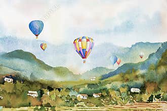 Watercolor landscape painting colorful of hot air balloon on mountain