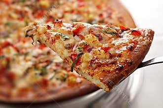 A slice of pizza in front of a blurry pizza