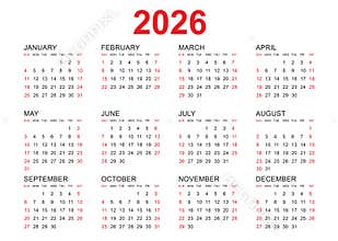 Calendar 2026 template vector, simple minimal design, Planner 2026 year, Wall calendar 2026 year
