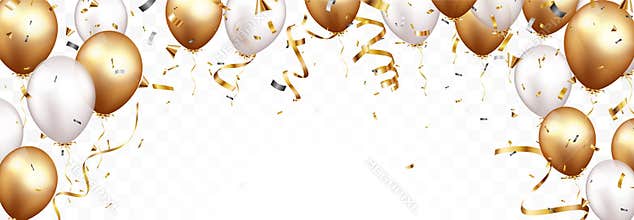 Celebration banner with gold confetti and balloons