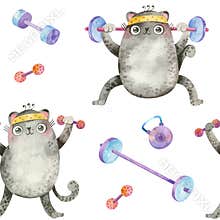 Athletic cats. Cute characters squat with a barbell, raise dumbbells.