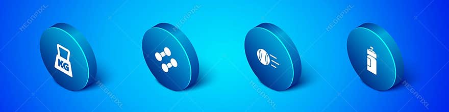 Set Isometric Weight, Tennis ball, Fitness shaker and Dumbbell icon. Vector