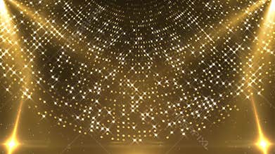 4K Golden revolving stage with sliding spotlights animated loop background.