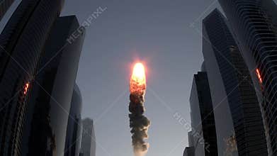 Meteor ball flies between skyscrapers