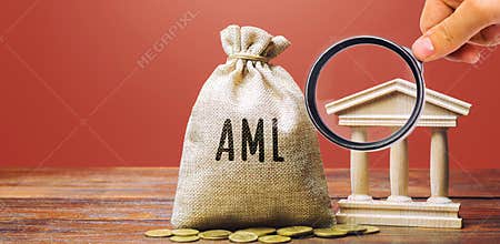 Money bag AML and bank building. Anti Money Laundering concept. Financial monitoring, Identification of suspicious transactions.