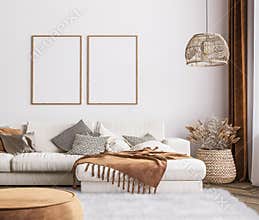 Frame mockup in bright living room design, white sofa in farmhouse boho interior style