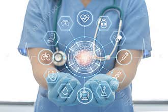 Medical tech science, ai health technology with surgical doctor on telehealth, telemedicine and iot global healthcare