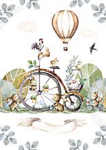 Happy Easter animals bunny and vintage bike with full basket of flowers. Hand painting isolated watercolor Easter illustration
