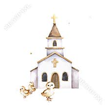 Easter concept. Easter chick and church. Hand painting cute watercolor isolated illustration